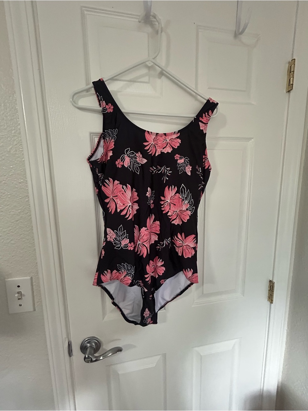 Black One-Piece Swimsuit with Pink Floral Print